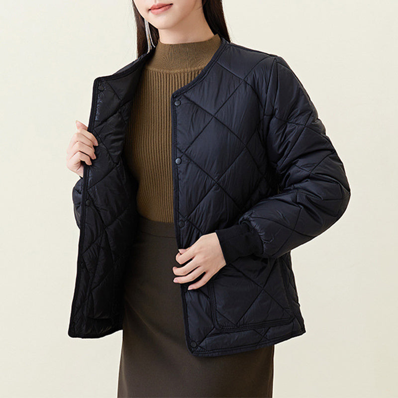 Rhombus Warm Round-Neck Lightweight Jacket With Pockets