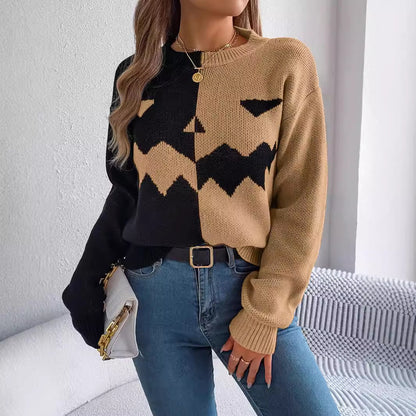 Halloween Contrast-Color Pullover  Long Sweater