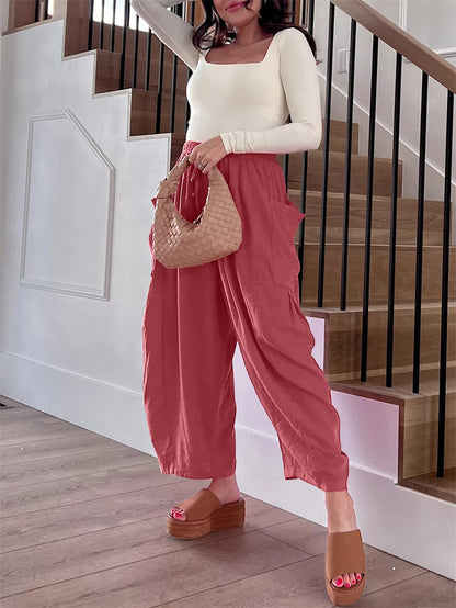 Wide Leg Elastic High Waist Pleated Trousers Solid Color