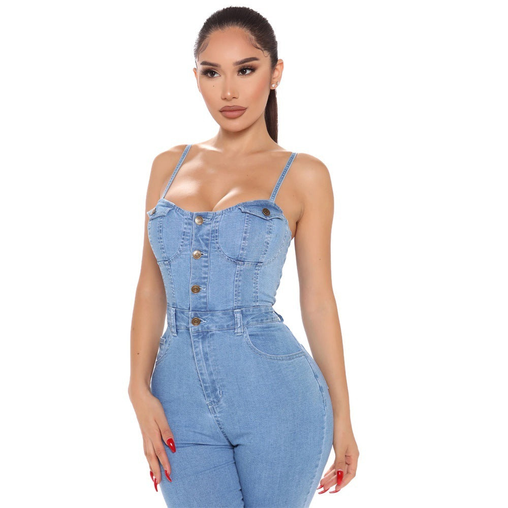 High Elastic Denim Jumpsuit Summer