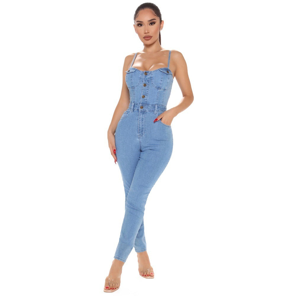 High Elastic Denim Jumpsuit Summer