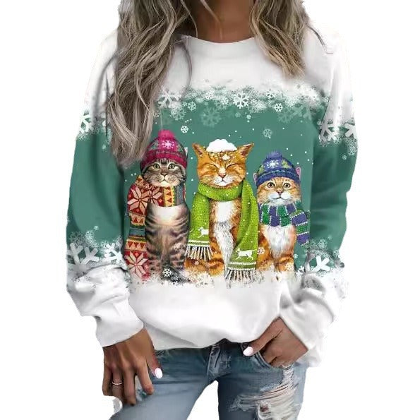 New Snowman And Cat Printed Long Sleeve Sweater