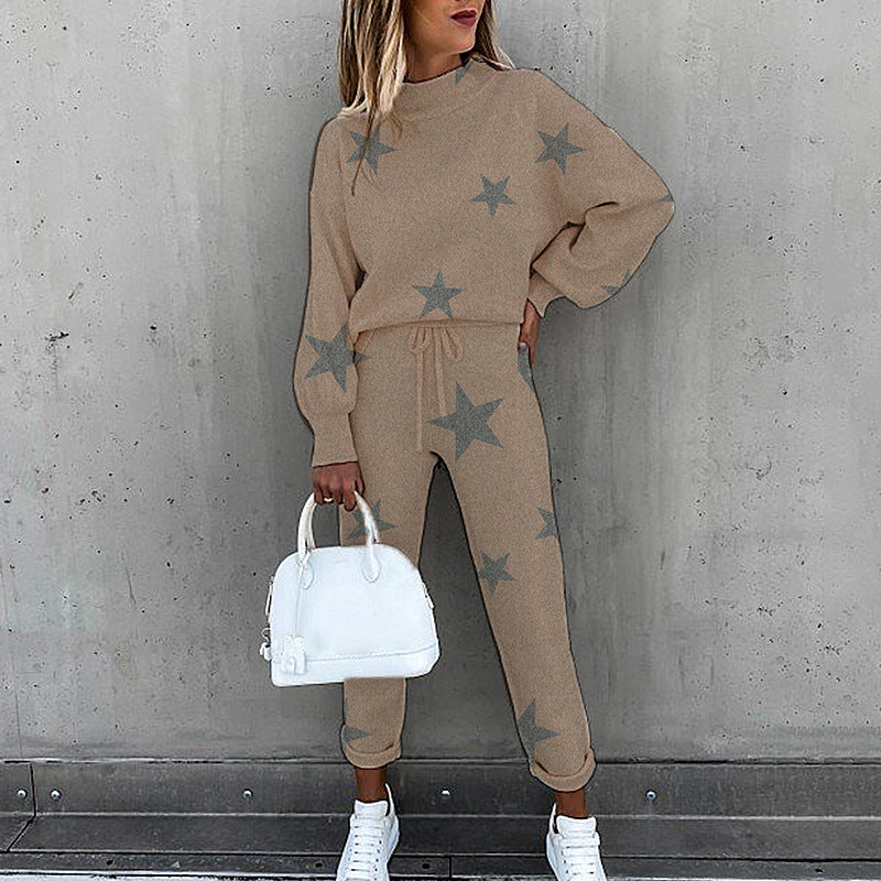 High Collar Casual Solid Color Trousers Two-Piece Suit