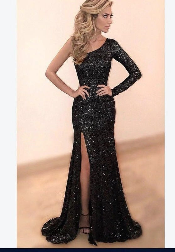 Long Sleeve One Shoulder Bronzing Evening Dress