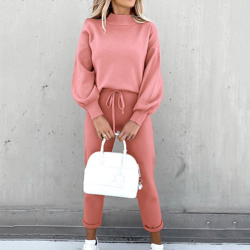 High Collar Casual Solid Color Trousers Two-Piece Suit