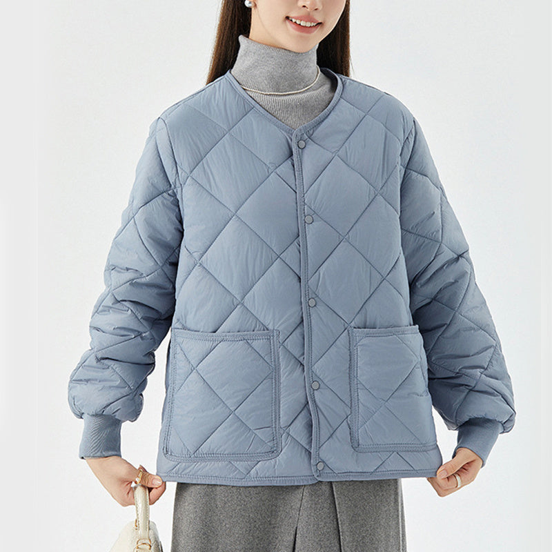 Rhombus Warm Round-Neck Lightweight Jacket With Pockets