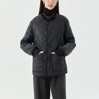 Rhombus Warm Round-Neck Lightweight Jacket With Pockets