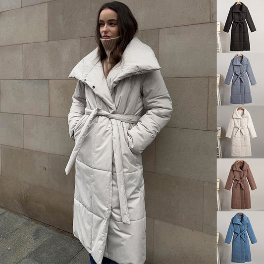 Long Coat Winter Jacket With Pockets And Lace-Up Design Thick Coat