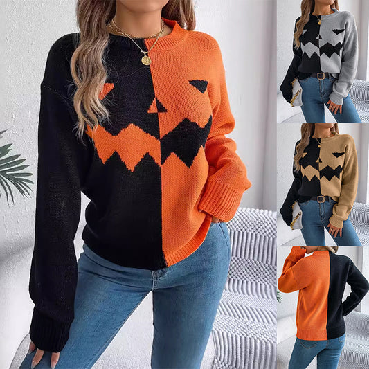 Halloween Contrast-Color Pullover  Long Sweater