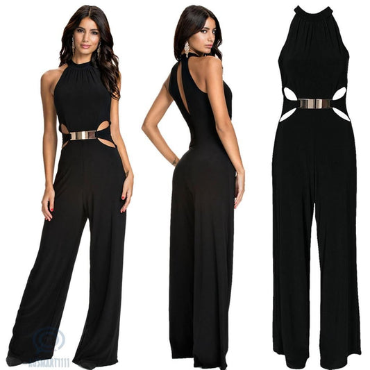 Long-Sleeved High-Neck Flared Pants Black Sling Jumpsuit