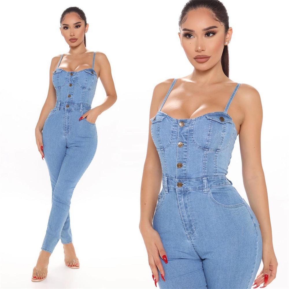 High Elastic Denim Jumpsuit Summer