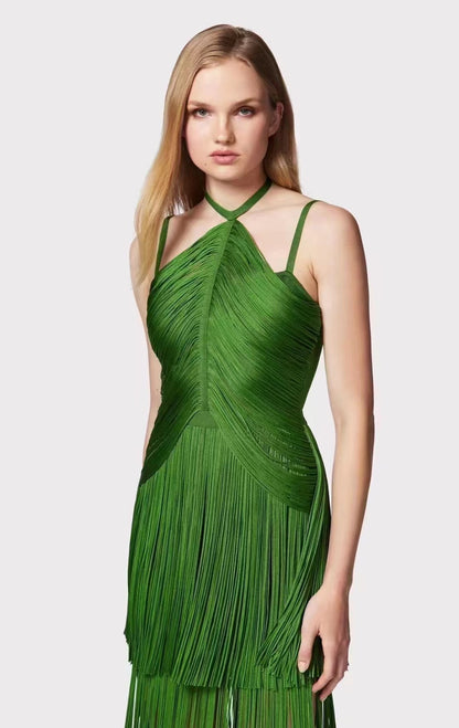 Green Halter Spaghetti Straps Dress