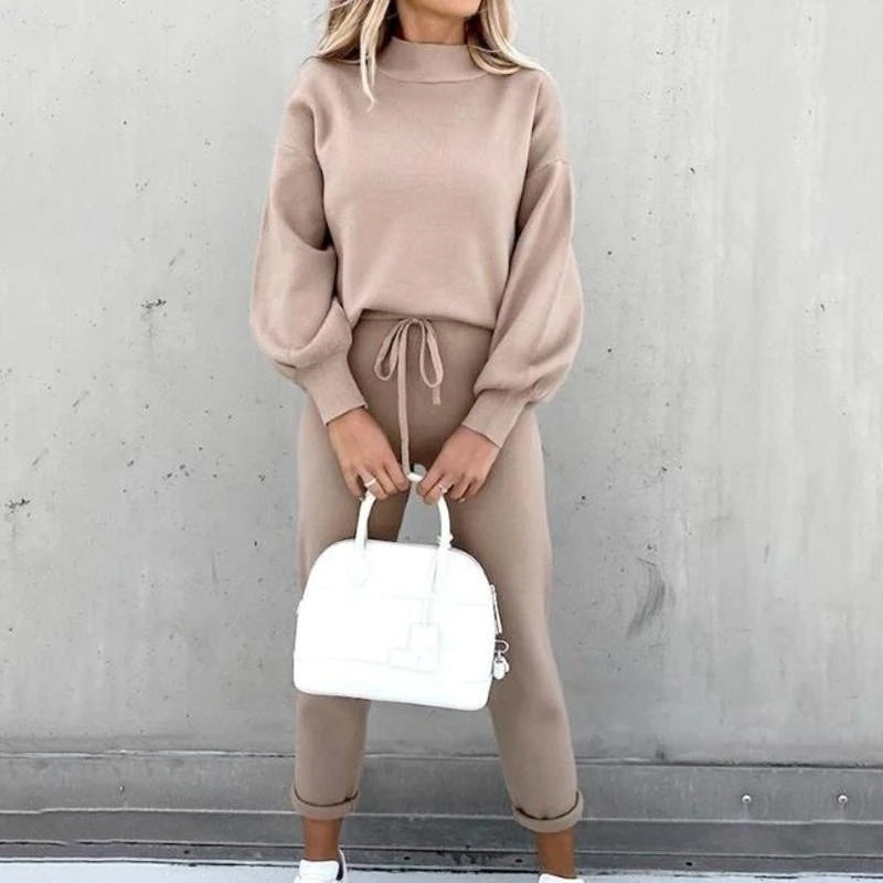 High Collar Casual Solid Color Trousers Two-Piece Suit