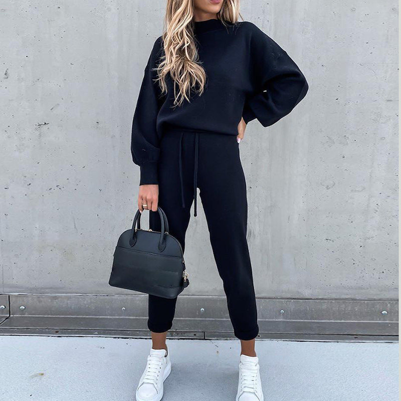 High Collar Casual Solid Color Trousers Two-Piece Suit