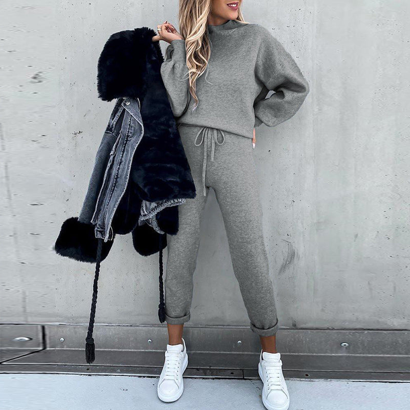 High Collar Casual Solid Color Trousers Two-Piece Suit