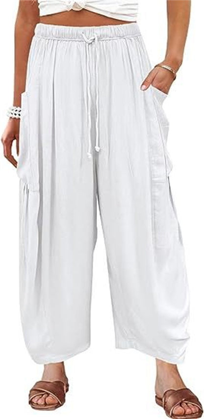 Wide Leg Elastic High Waist Pleated Trousers Solid Color