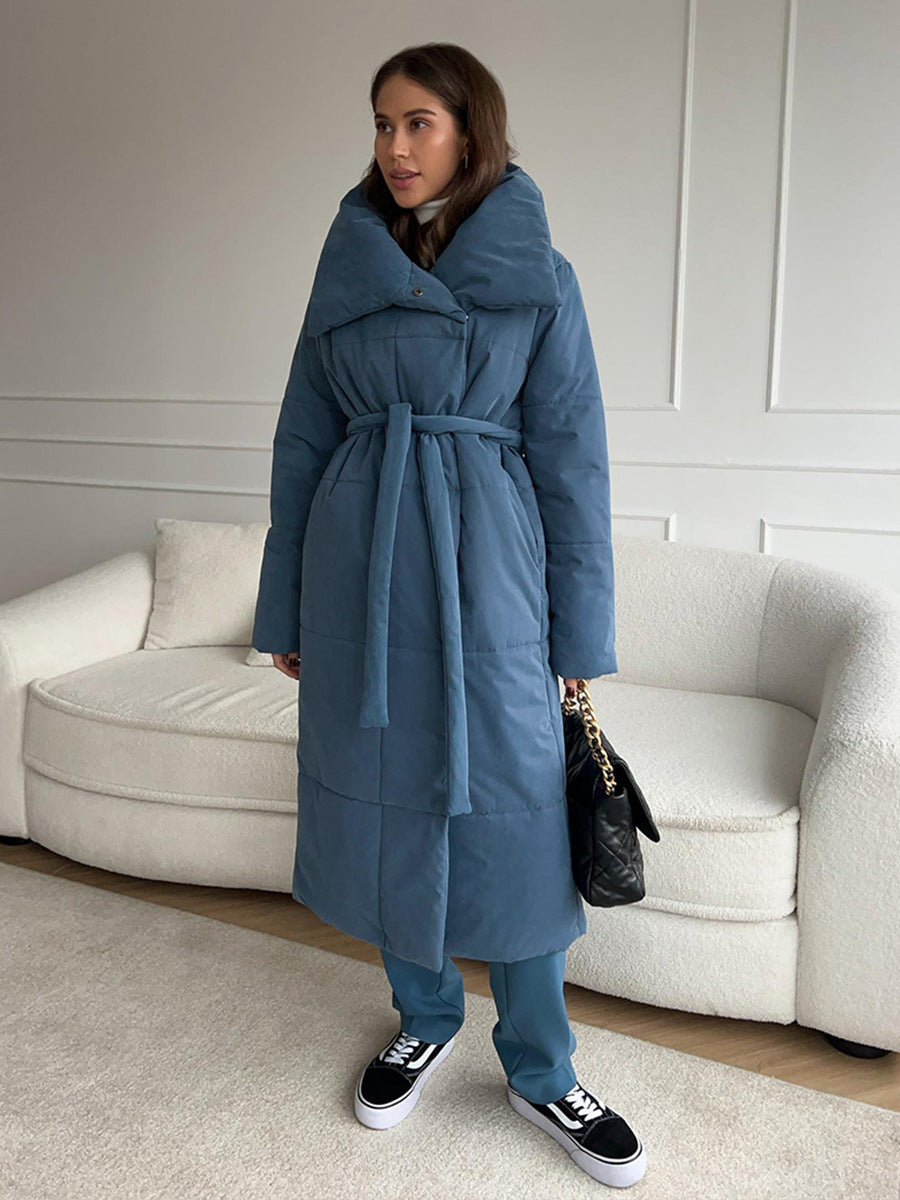 Long Coat Winter Jacket With Pockets And Lace-Up Design Thick Coat