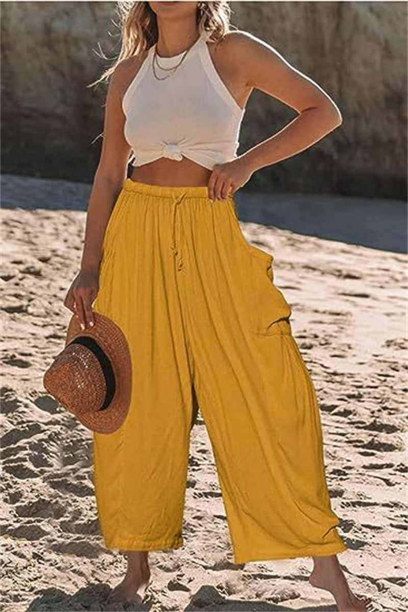 Wide Leg Elastic High Waist Pleated Trousers Solid Color