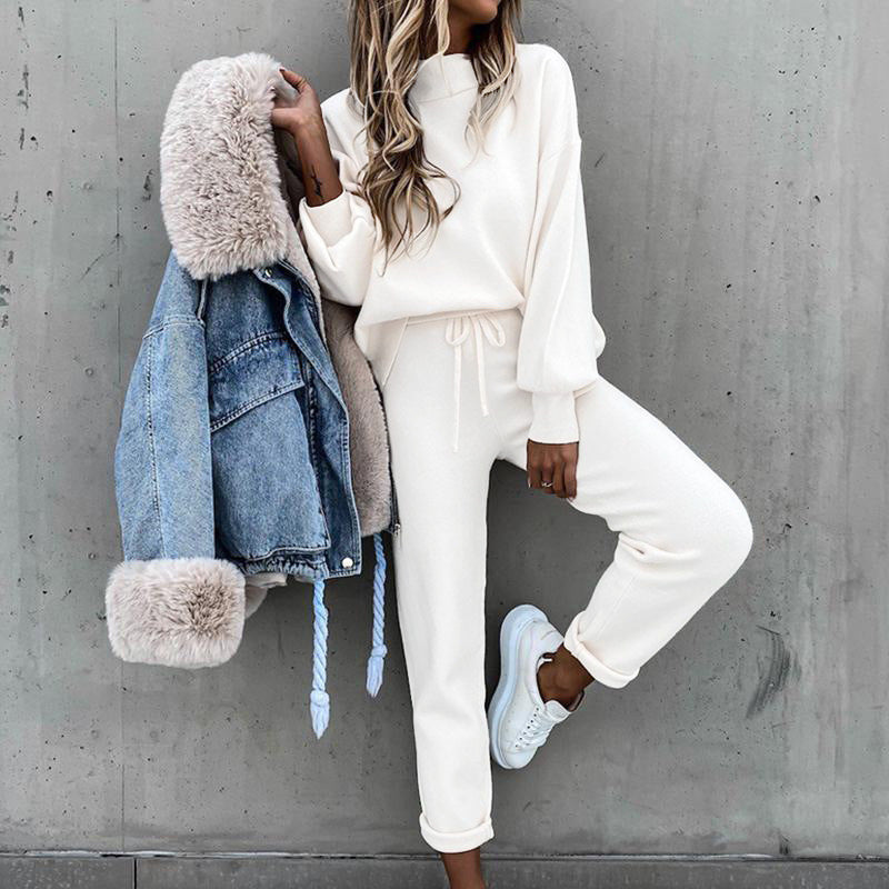 High Collar Casual Solid Color Trousers Two-Piece Suit