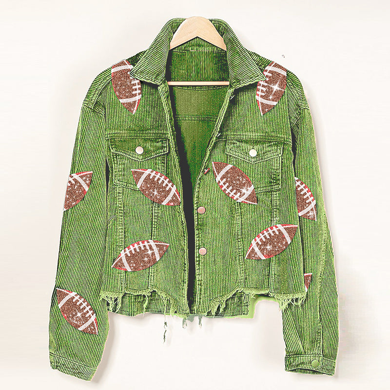 Corduroy Jacket Rugby Print Baseball Jacket