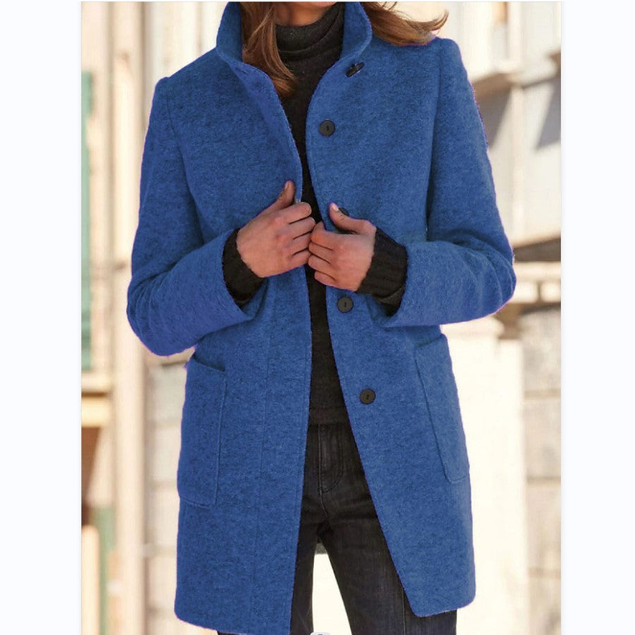 Stand Collar Woolen Coat With Pockets Fall Winter Casual Button Outwear For Women Clothing