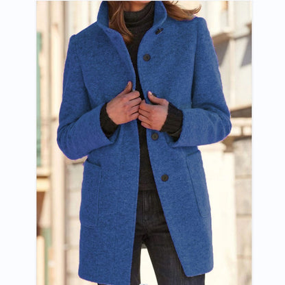 Stand Collar Woolen Coat With Pockets Fall Winter Casual Button Outwear For Women Clothing