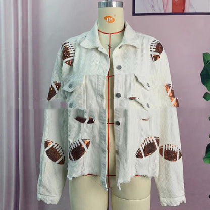 Corduroy Jacket Rugby Print Baseball Jacket