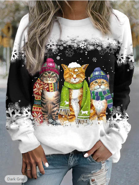 New Snowman And Cat Printed Long Sleeve Sweater