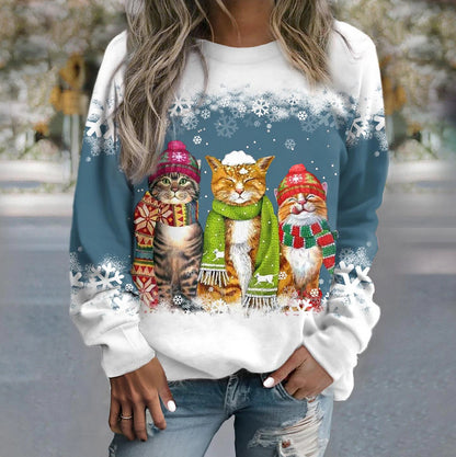 New Snowman And Cat Printed Long Sleeve Sweater