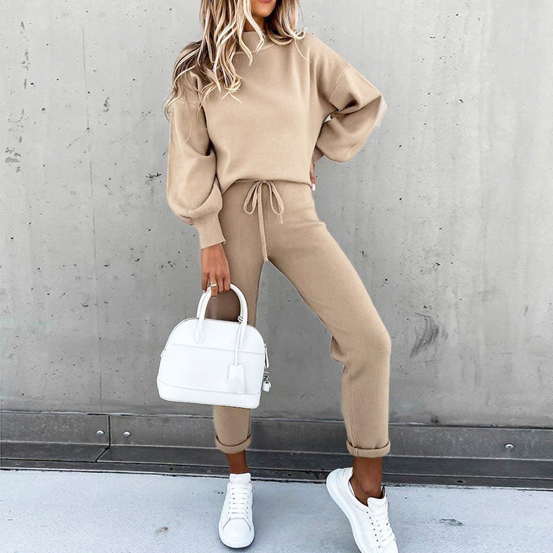 High Collar Casual Solid Color Trousers Two-Piece Suit