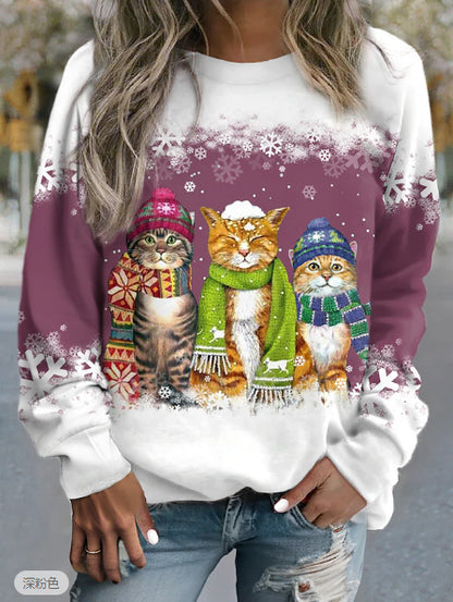 New Snowman And Cat Printed Long Sleeve Sweater