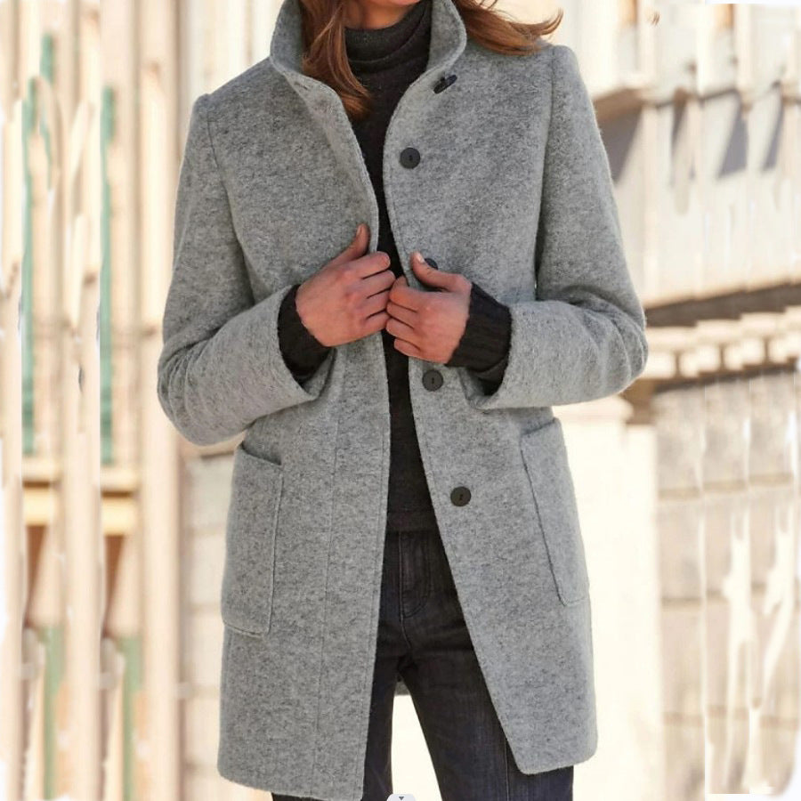 Stand Collar Woolen Coat With Pockets Fall Winter Casual Button Outwear For Women Clothing