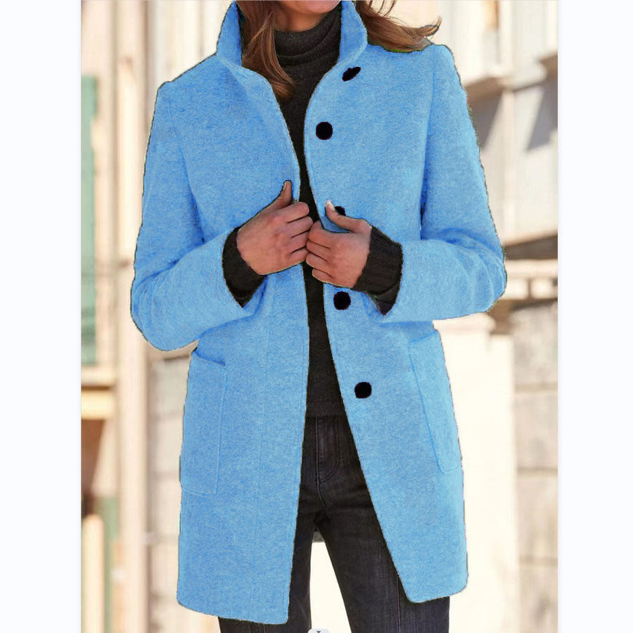 Stand Collar Woolen Coat With Pockets Fall Winter Casual Button Outwear For Women Clothing