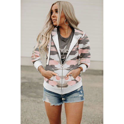 Long Sleeve Printed Camouflage Hooded Zip Jacket