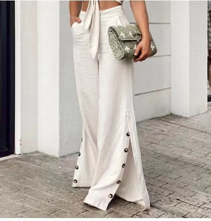 High Waist Cotton Linen Wide Leg Pants