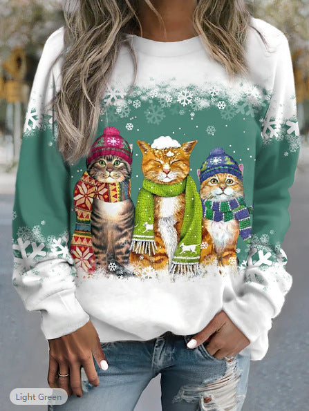 New Snowman And Cat Printed Long Sleeve Sweater