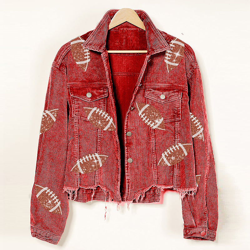 Corduroy Jacket Rugby Print Baseball Jacket