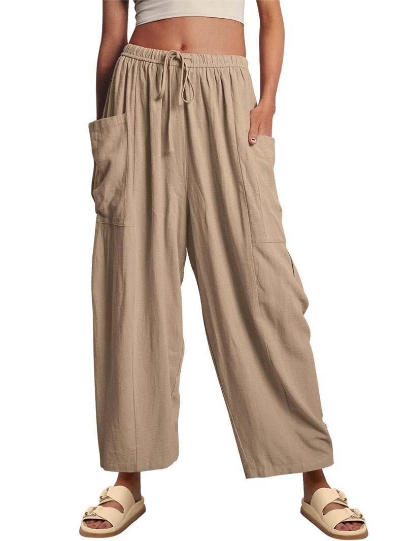 Wide Leg Elastic High Waist Pleated Trousers Solid Color