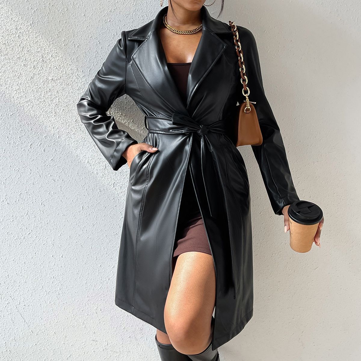 Long Sleeve Lapel Pu Leather Jacket With Pockets