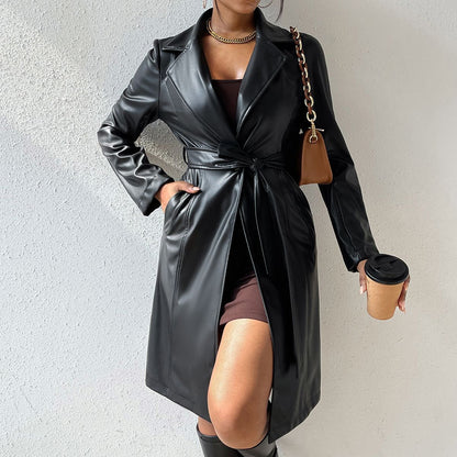 Long Sleeve Lapel Pu Leather Jacket With Pockets