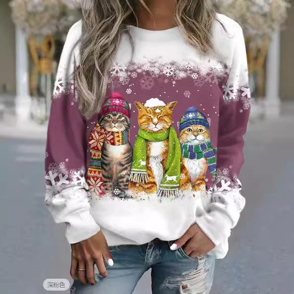 New Snowman And Cat Printed Long Sleeve Sweater