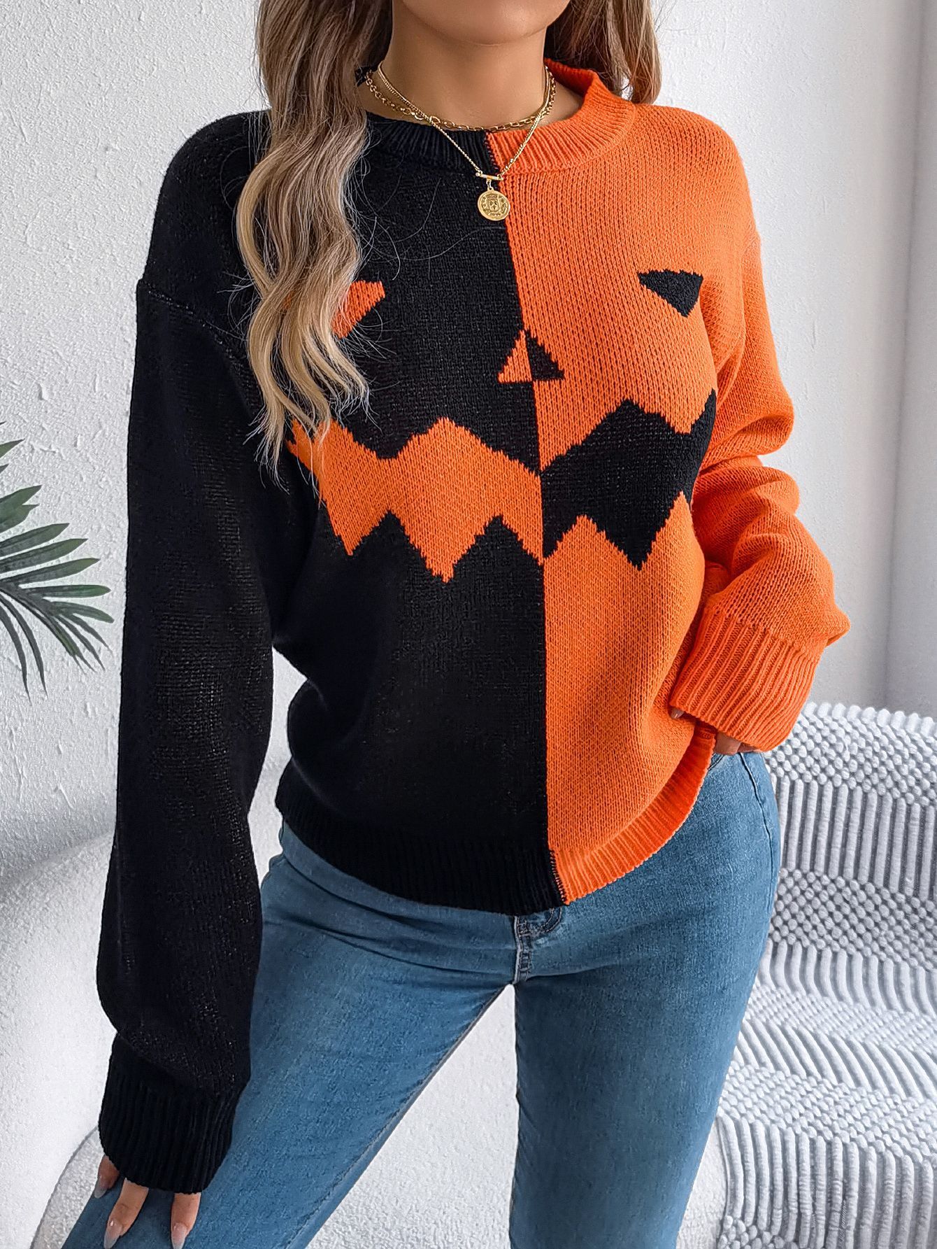 Halloween Contrast-Color Pullover  Long Sweater