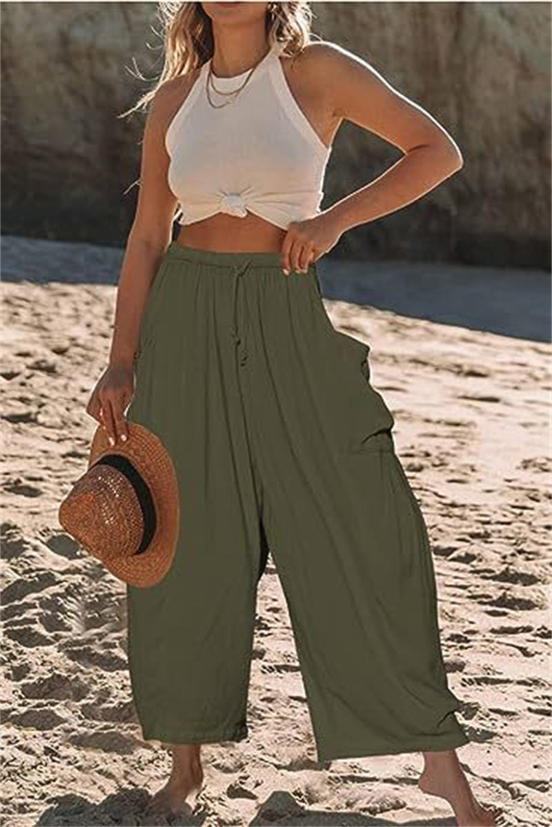 Wide Leg Elastic High Waist Pleated Trousers Solid Color