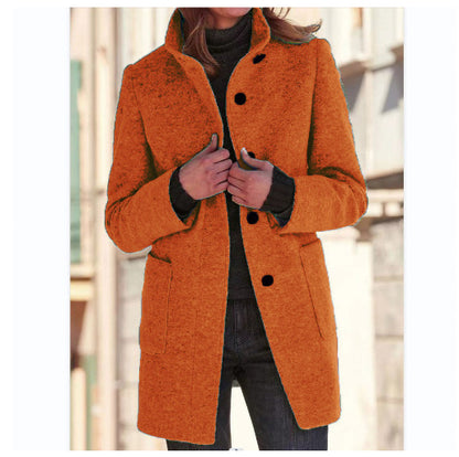 Stand Collar Woolen Coat With Pockets Fall Winter Casual Button Outwear For Women Clothing