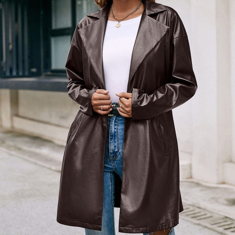 Mid-Length Leather Western-Lace Slim Long-Sleeved Trench Coat