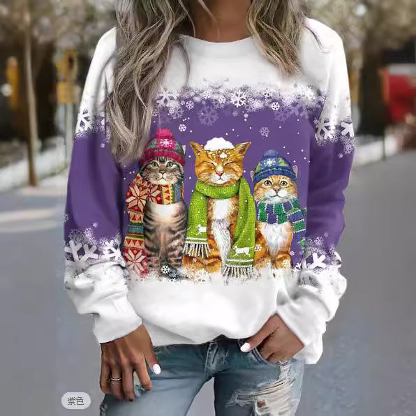 New Snowman And Cat Printed Long Sleeve Sweater