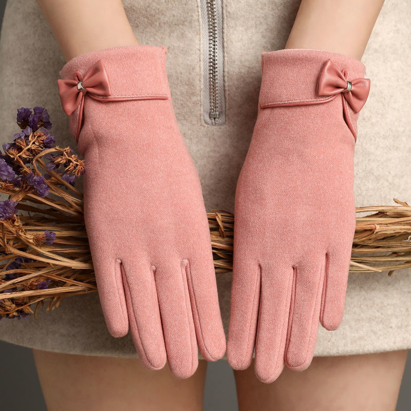 Fleece-Lined De Suede Bow Gloves Touch Screen