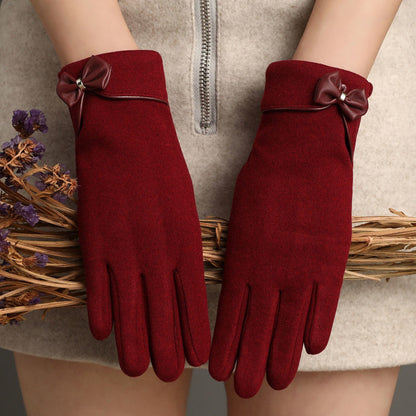 Fleece-Lined De Suede Bow Gloves Touch Screen