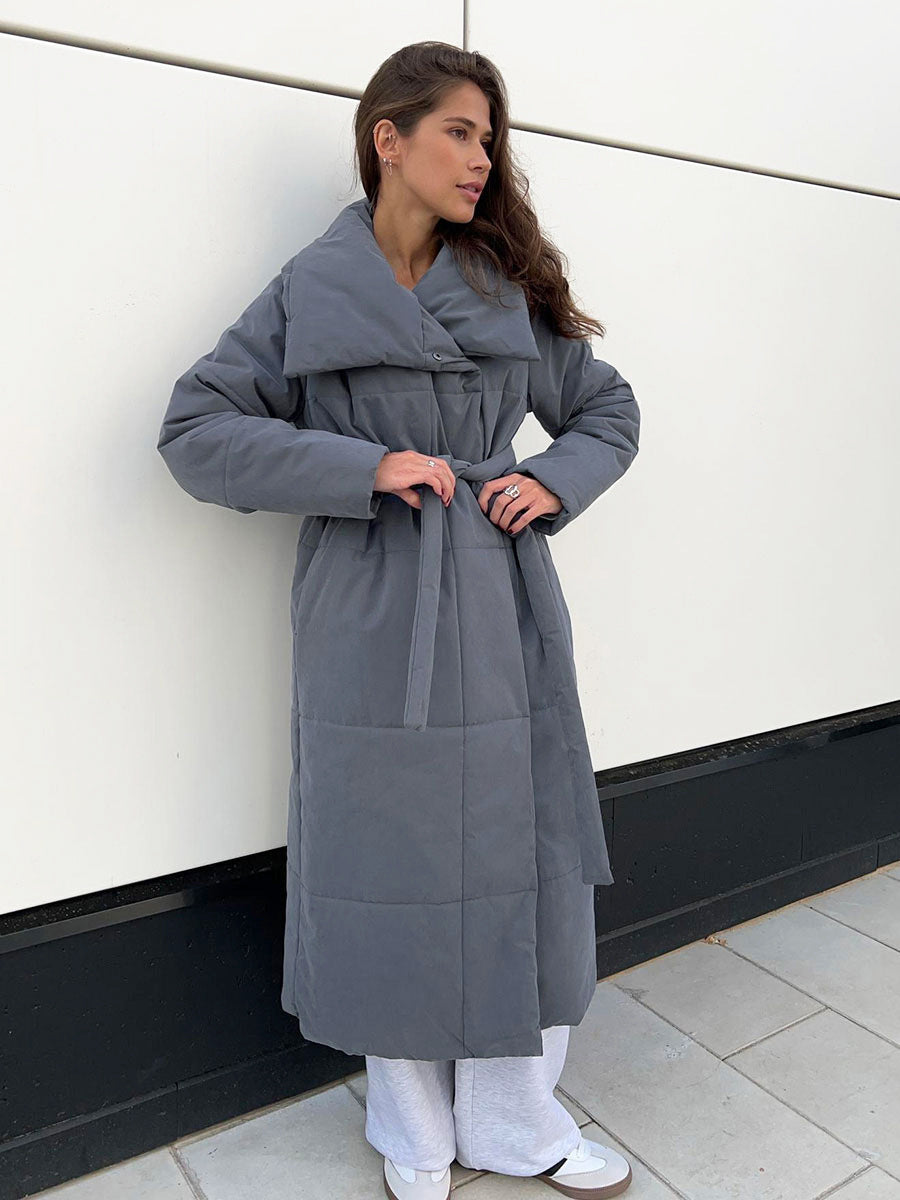 Long Coat Winter Jacket With Pockets And Lace-Up Design Thick Coat