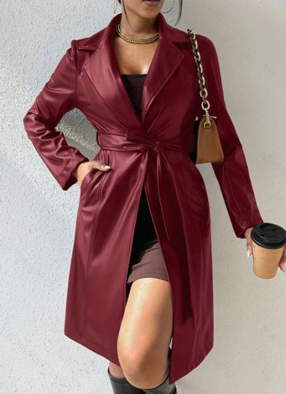 Long Sleeve Lapel Pu Leather Jacket With Pockets